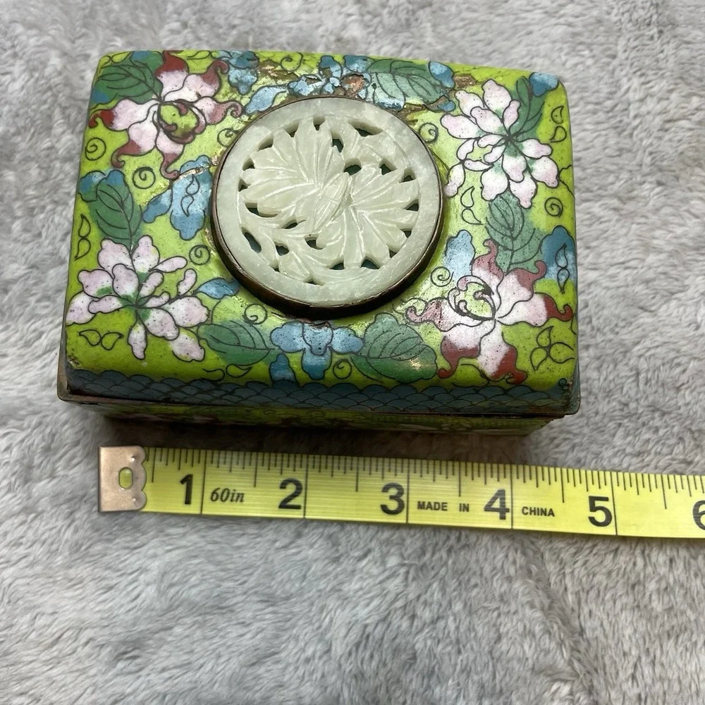 Vintage Chinese Enamel Jewelry Trinket Box Hand Painted Floral Medallion Charm